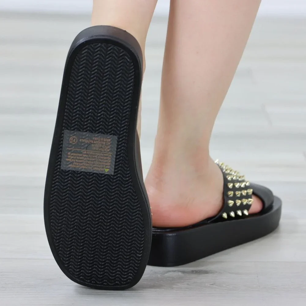 Black Sliders Slip On Sandals Faux Leather Gold Metal Stud Criss Cross - Picture 7 of 12